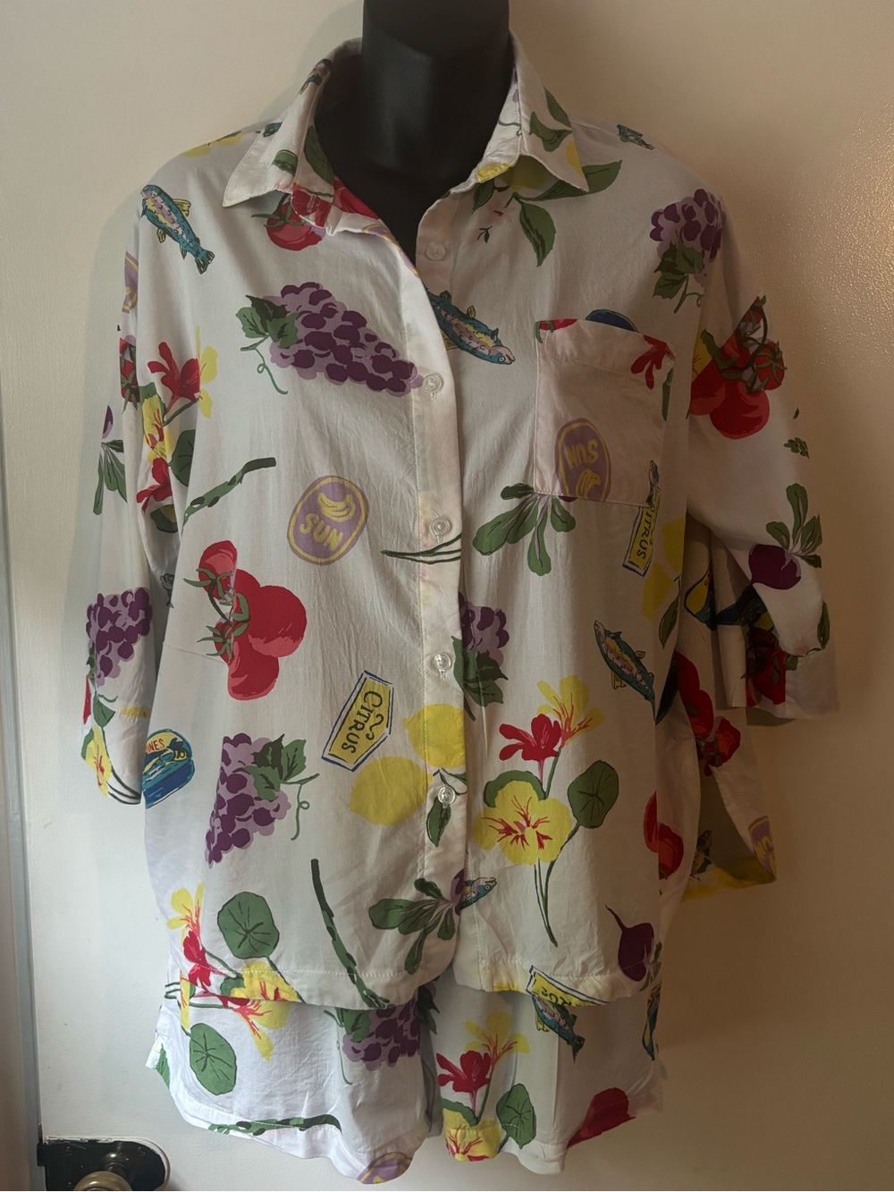 Joyspun White Floral Fruit Print Button-Up Shirt and Short Set Size XS